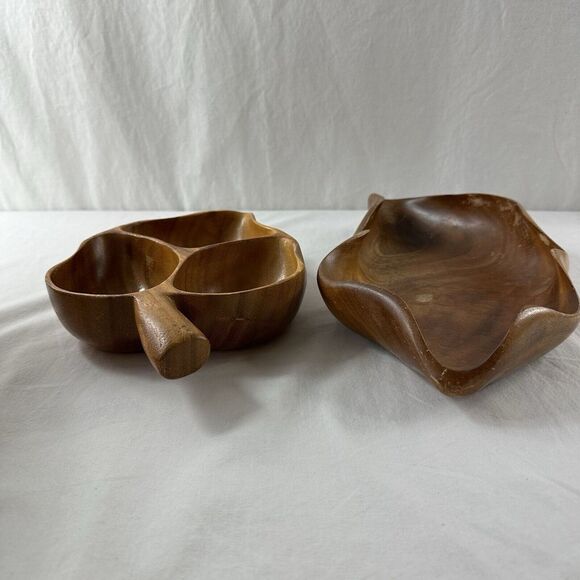 2 Vtg House Of Monkey Pod Wood Dishes Divided Leaf Bowl & Abstract Bowl Hawaii - Picture 8 of 15